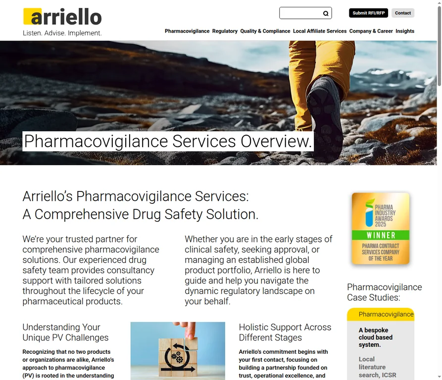 Arriello pharmacovigilance service page, captured 22 October 2026