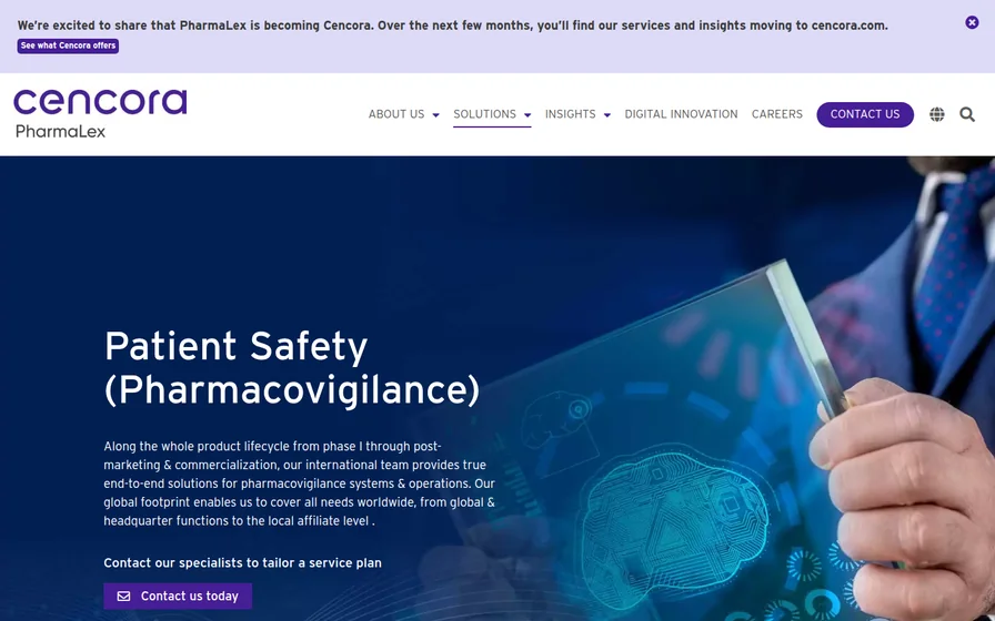 Cencora PharmaLex patient safety and pharmacovigilance page, captured 22 October 2026