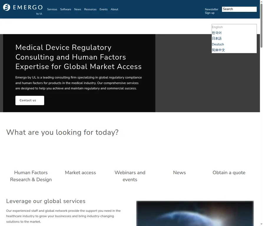 Emergo by UL homepage showing its global medical-device market access focus