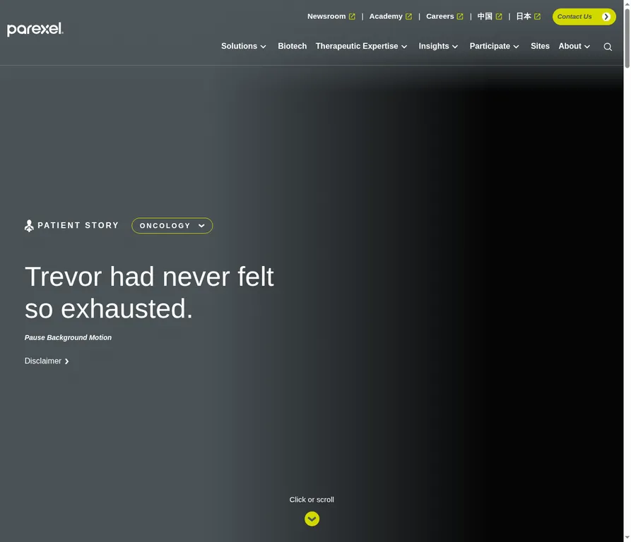Parexel homepage showing its global biopharmaceutical development positioning