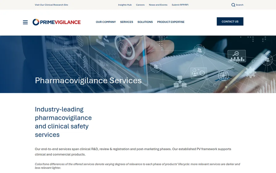 PrimeVigilance pharmacovigilance services page, captured 22 October 2026