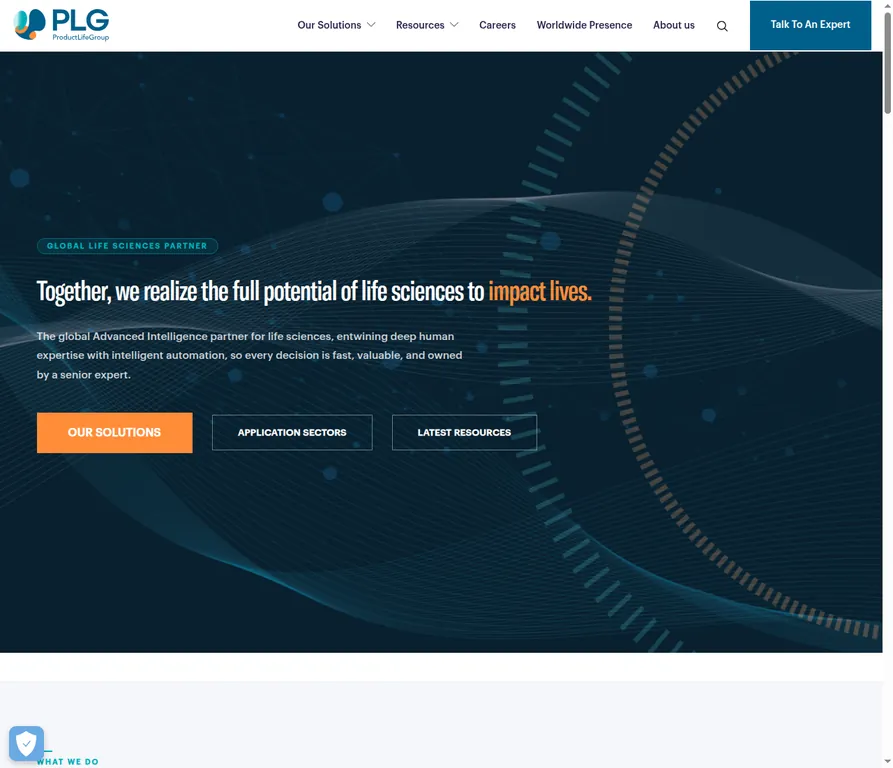 ProductLife Group homepage showing its global life-sciences solutions