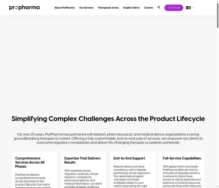 ProPharma homepage showing its research-to-commercialisation service model