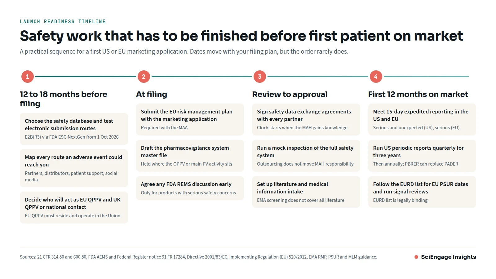 Launch readiness timeline in four phases: 12 to 18 months before filing, at filing, review to approval, and the first 12 months on market, with the safety tasks due in each phase