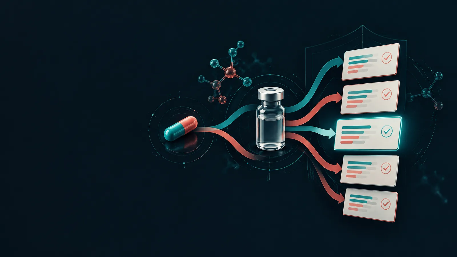 Illustration of a capsule and a vial feeding coloured pathways into five scored checklist cards, with one card highlighted