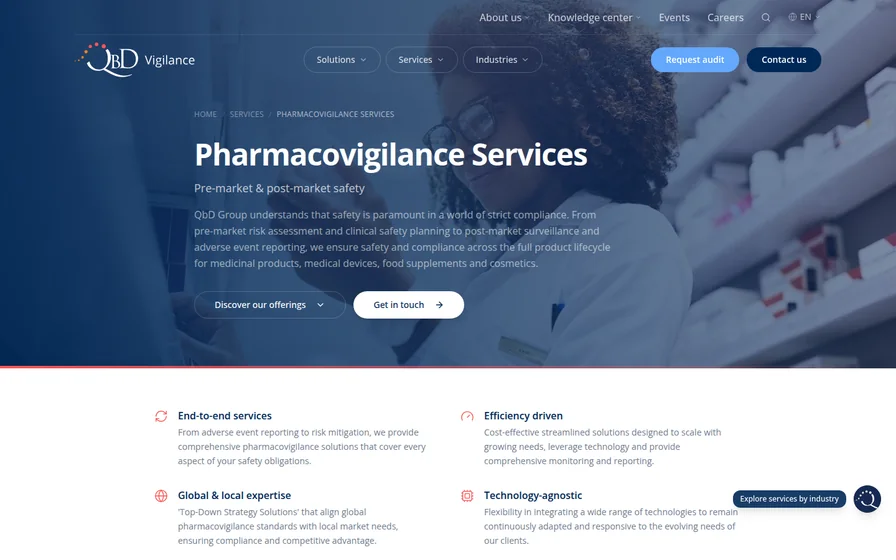 QbD Group pharmacovigilance service page, captured 22 October 2026
