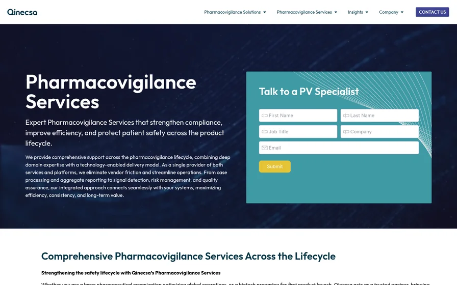 Qinecsa pharmacovigilance services page, captured 22 October 2026