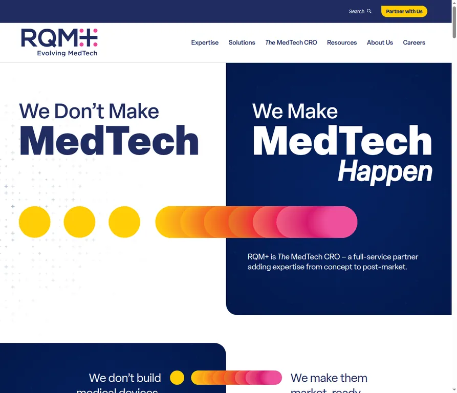 RQM+ homepage presenting its MedTech-focused CRO model